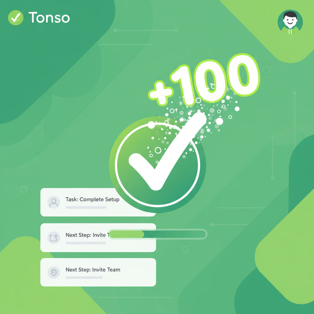 User completing a task in Tonso bot, checkmark animation, points popping up +100, energetic green success theme