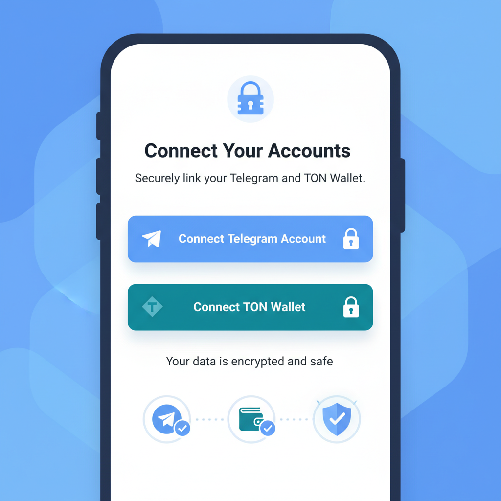 Telegram bot screen with account connection buttons for Telegram and TON wallet, secure lock icons, clean blue UI