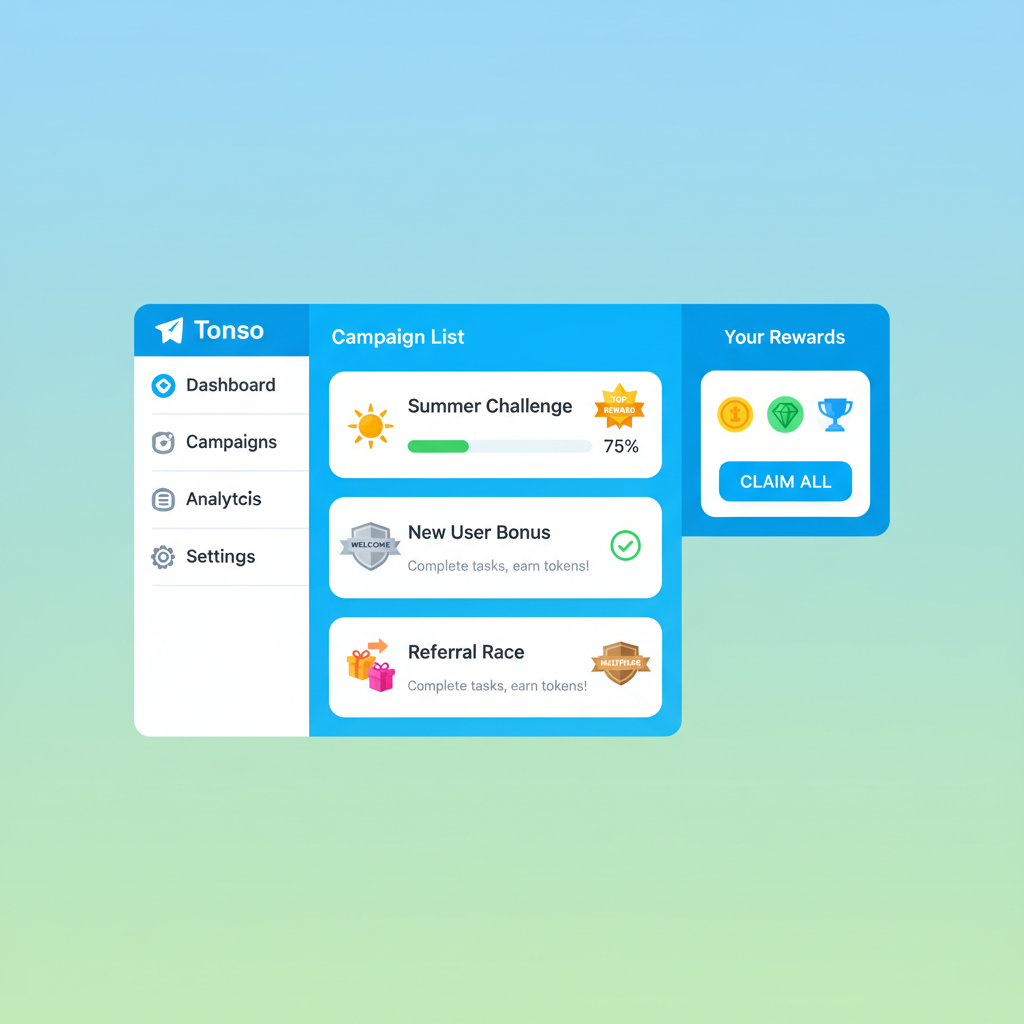 Tonso app dashboard with campaign list, reward badges, vibrant Telegram theme
