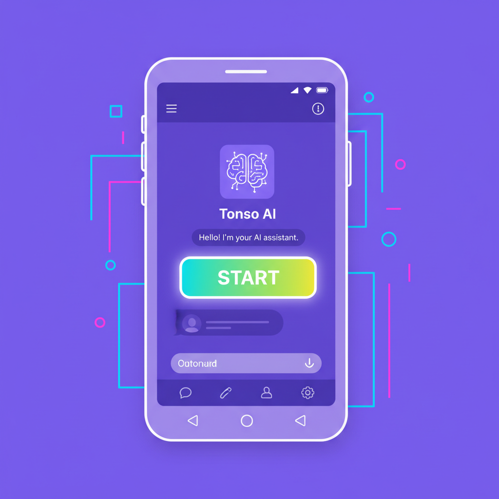 Telegram mobile app showing Tonso AI bot chat open, purple futuristic interface, start button highlighted, vibrant neon accents