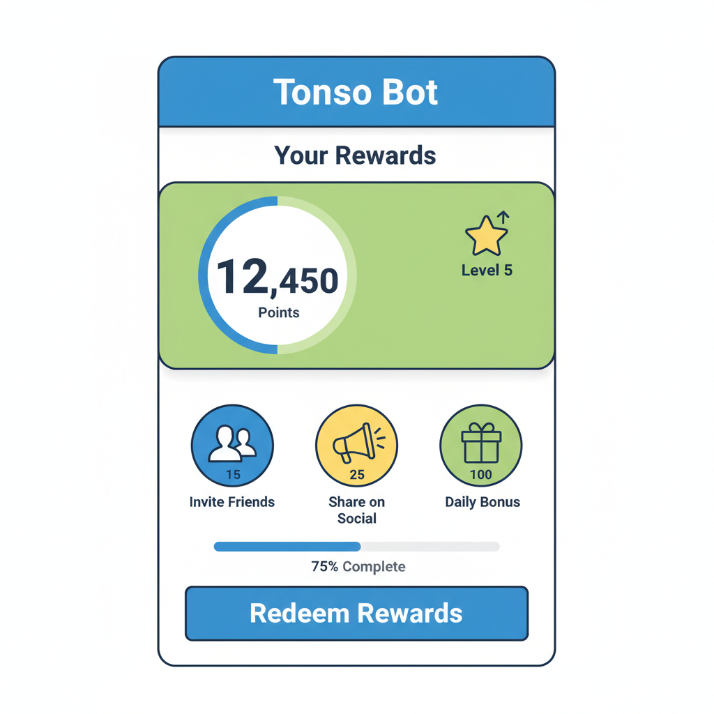 user earning rewards screen in Tonso bot, points counter, referral icons