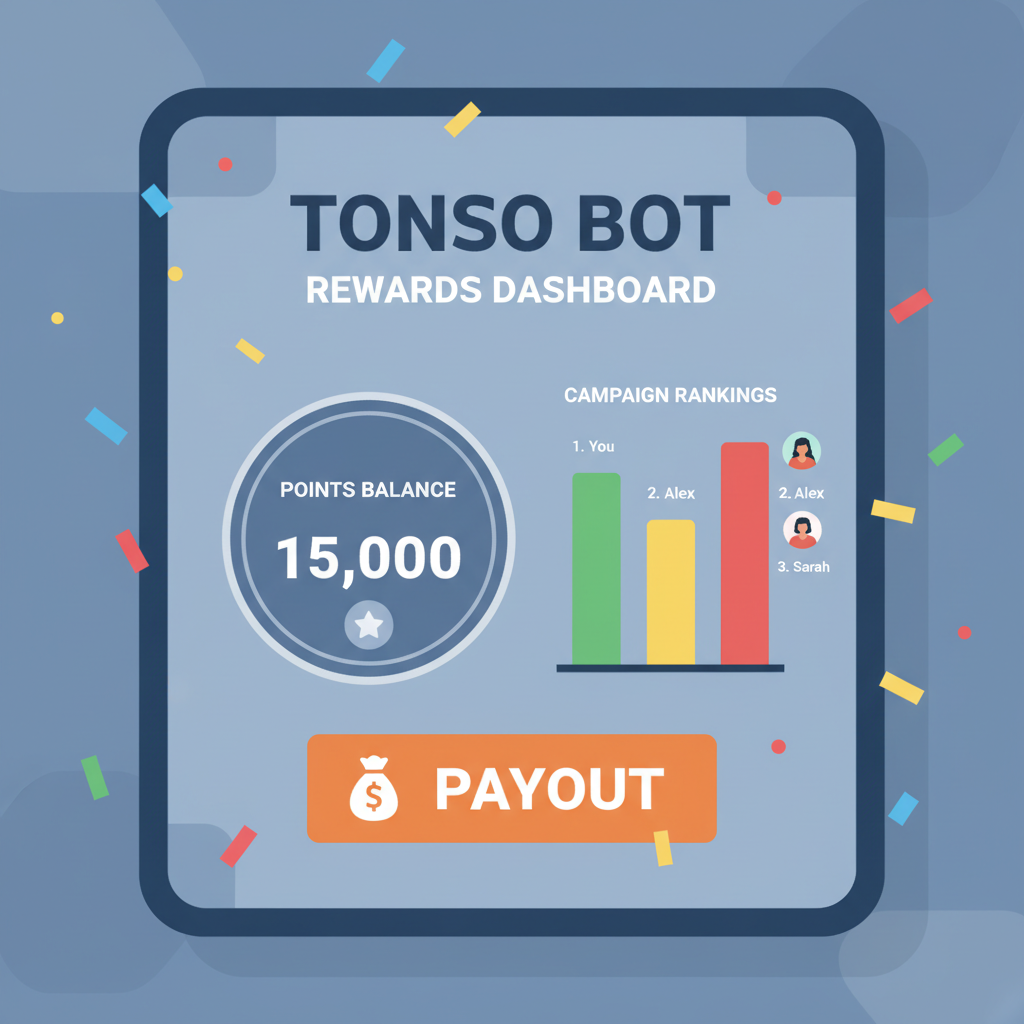 Tonso bot rewards dashboard showing points balance, campaign rankings, payout button, celebratory confetti effects