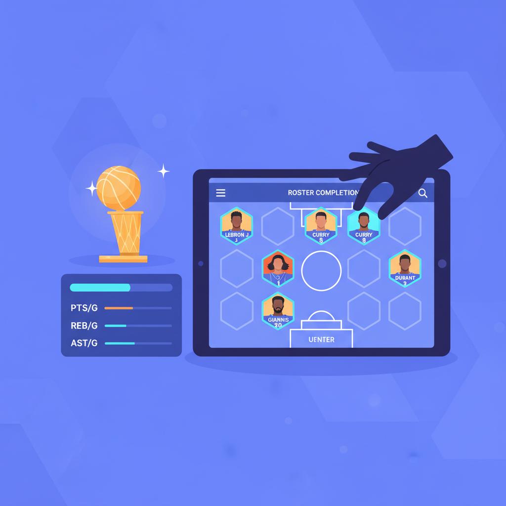 user building NBA roster on digital dashboard, player tokens arranged like fantasy team, trophy and stats glowing