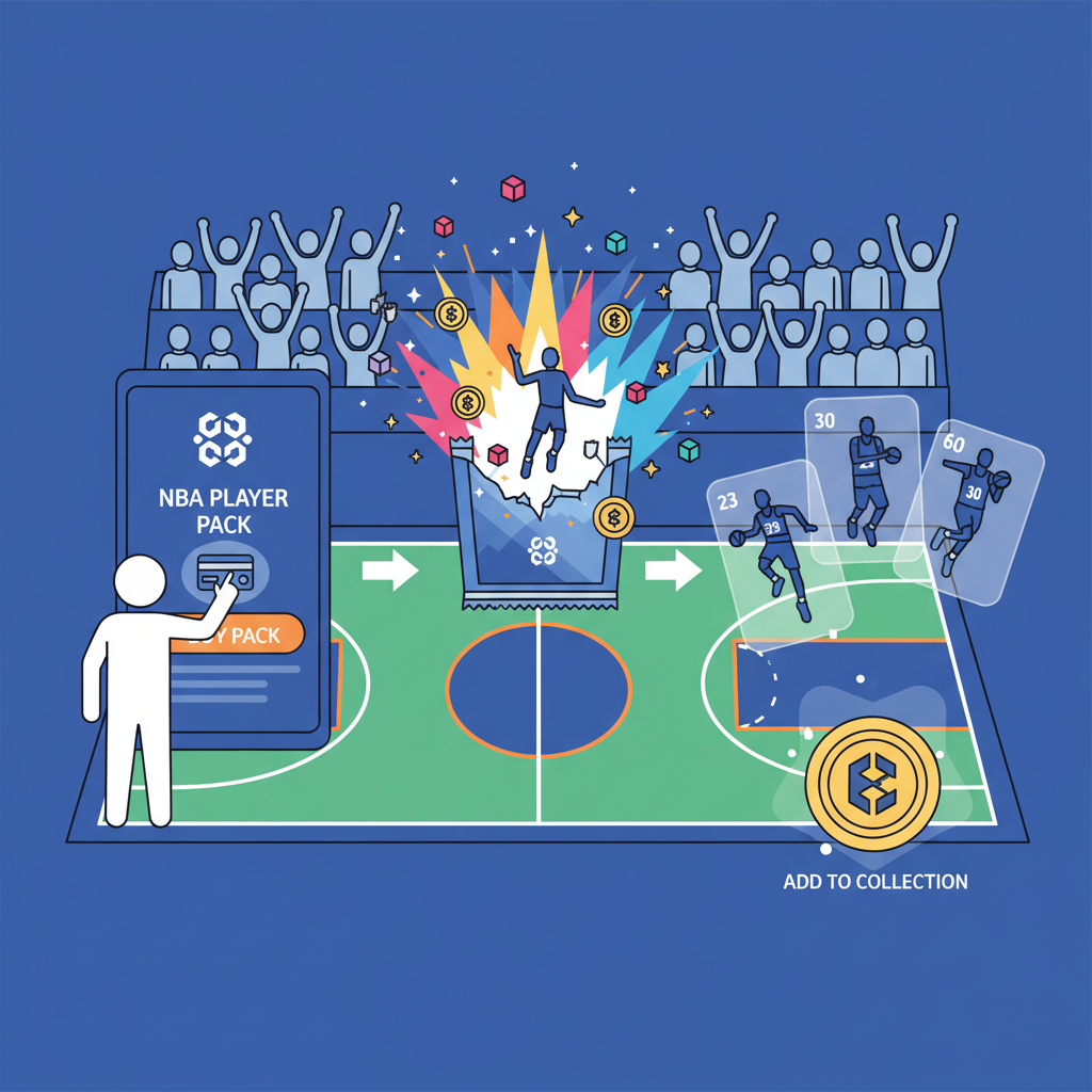 user buying digital NBA player pack on blockchain platform, colorful pack opening animation, basketball court background