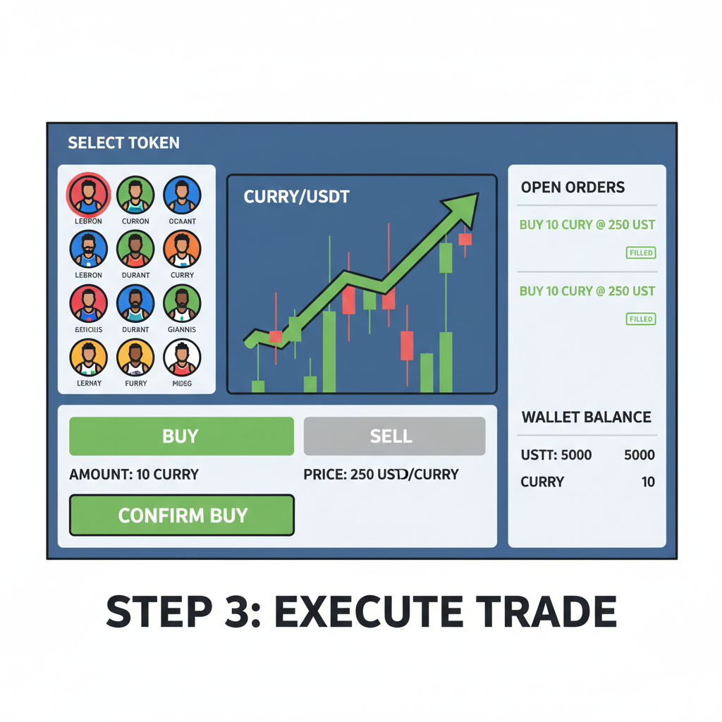 trading interface with NBA player tokens on decentralized exchange, charts rising, basketball players icons