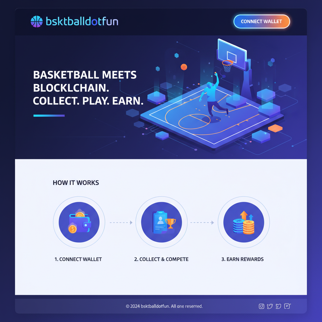sleek crypto website bsktballdotfun homepage with connect wallet button glowing, NBA basketball theme, futuristic UI