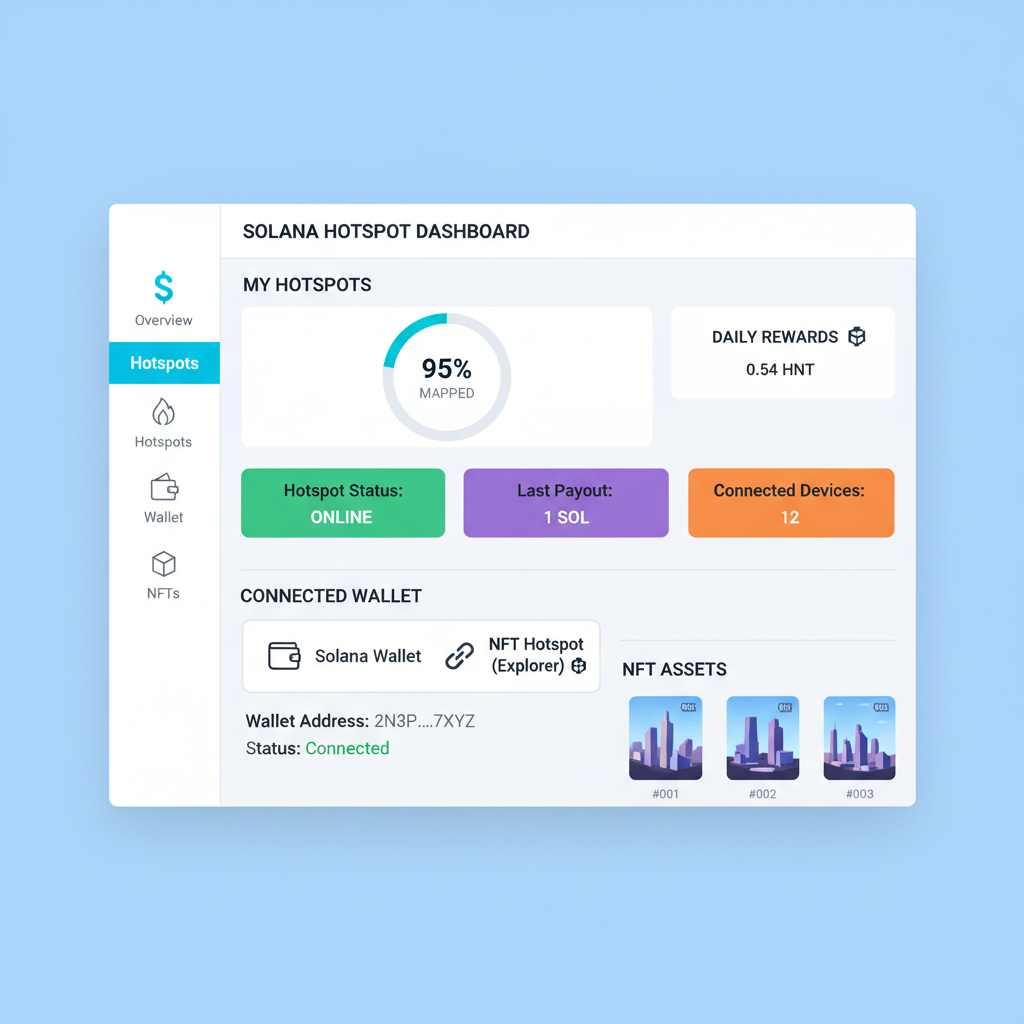 clean screenshot of Helium app dashboard or Solscan explorer showing Solana wallet connected to NFT hotspot