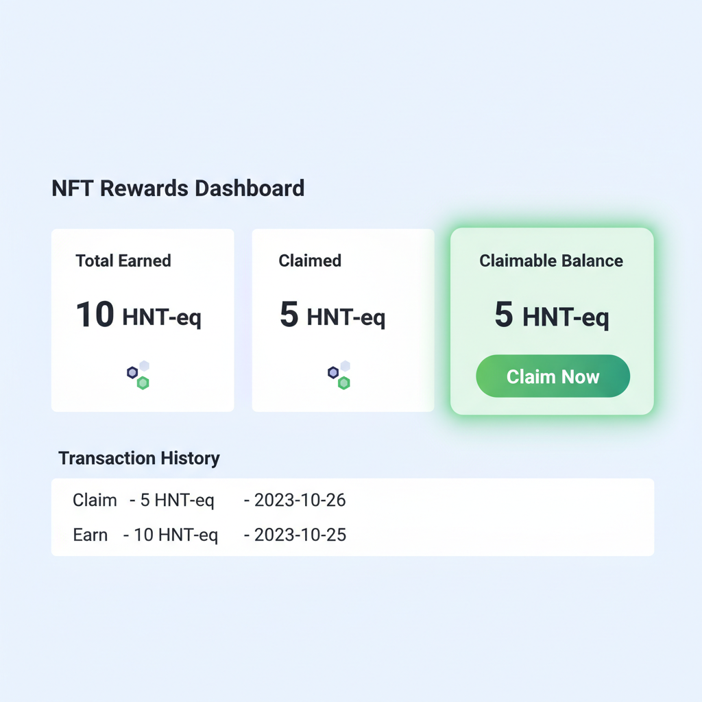 NFT rewards dashboard screenshot showing total earned 10 HNT-eq, claimed 5, claimable balance highlighted