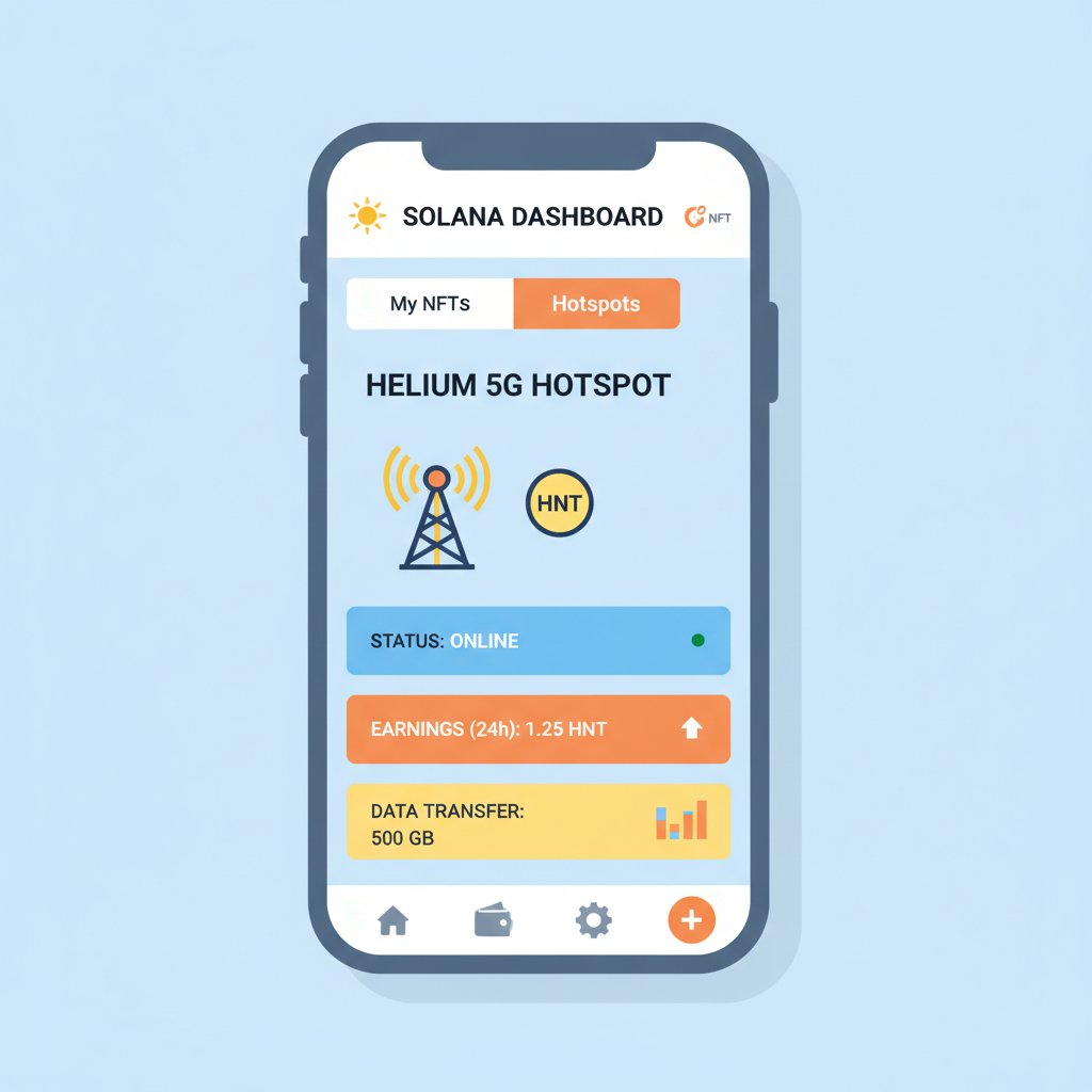 Solana NFT dashboard on mobile app displaying Helium 5G hotspot details and metrics