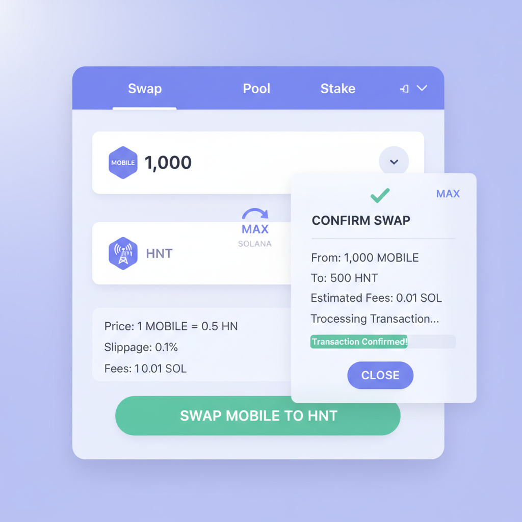 Solana DEX swap interface showing MOBILE to HNT exchange with low fees and confirmation