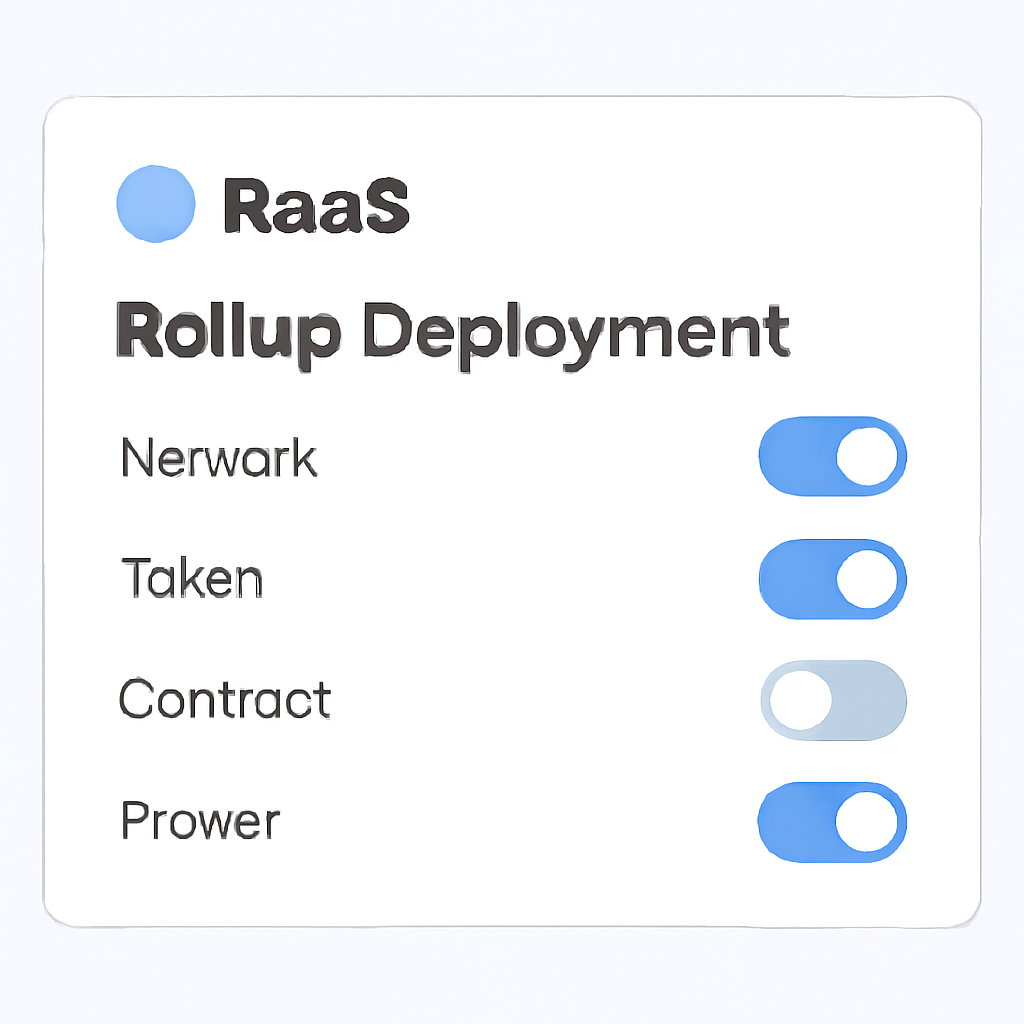 A dashboard interface showing rollup deployment options with toggles for customization, branded with generic RaaS logos.