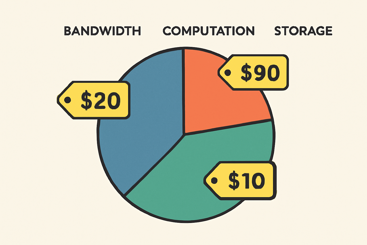 A pie chart or bar graph showing different resources (bandwidth, computation, storage) with dynamic pricing tags attached to each segment.