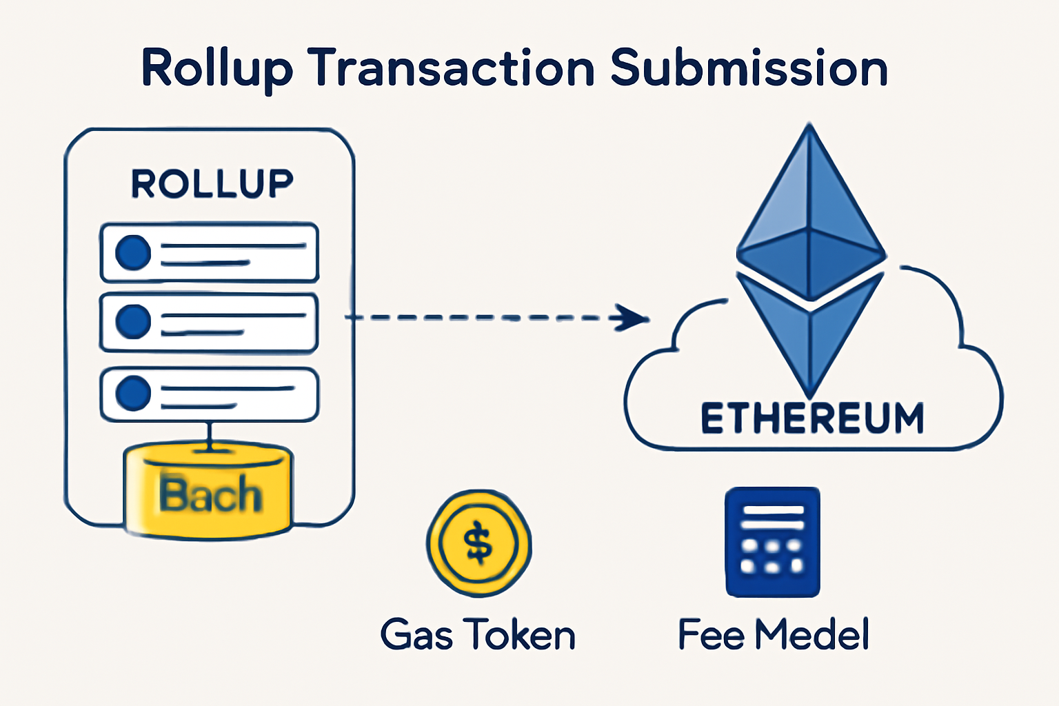 A clear diagram showing how a rollup batches transactions off-chain and submits them to Ethereum, highlighting customizable options like gas tokens and fee models.