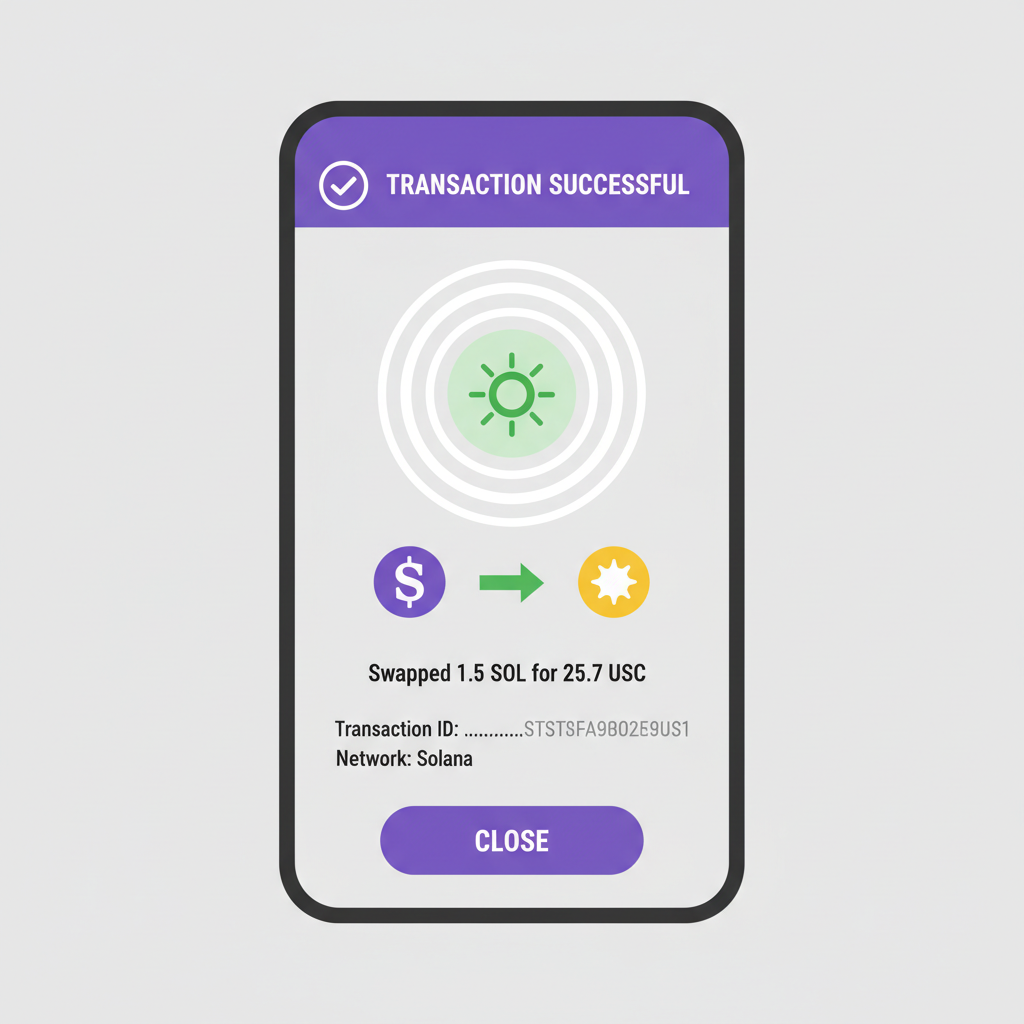 Phantom wallet transaction confirmation screen for Solana swap, success animation