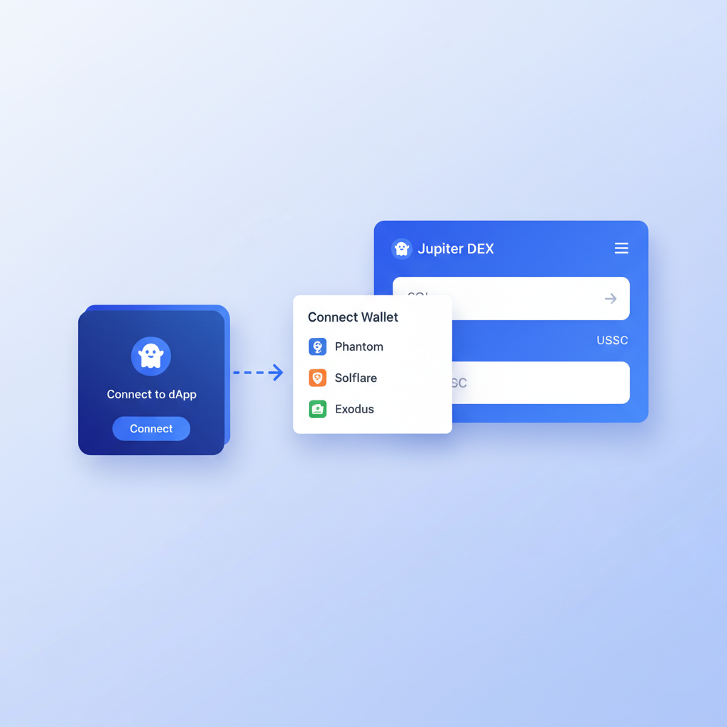 clean screenshot of Phantom wallet connecting to Jupiter DEX on Solana, modern UI, blue theme