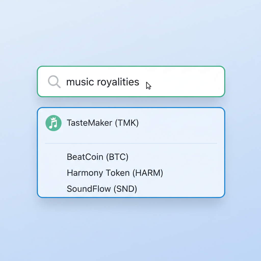 Jupiter DEX token search bar with 'music royalties' or 'TasteMaker' typed, token list dropdown