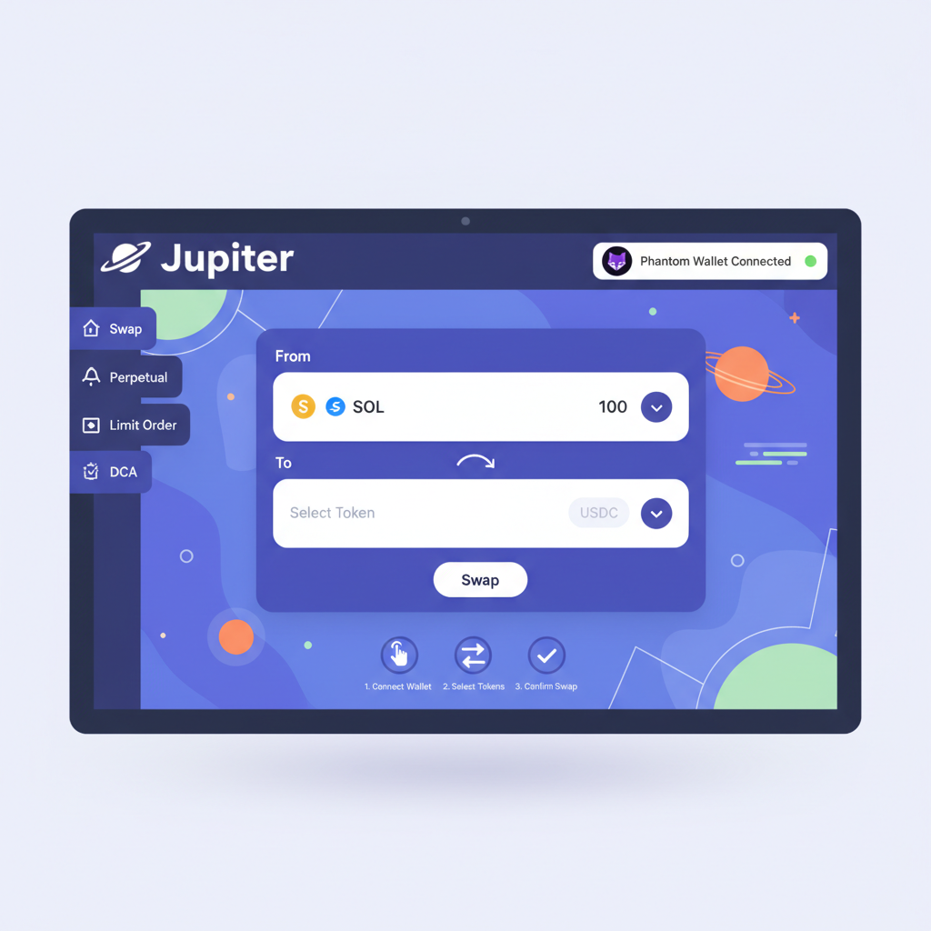 Jupiter DEX homepage on Solana, swap interface visible, Phantom wallet connected indicator