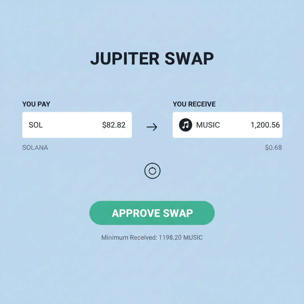 Jupiter swap screen showing SOL input at $82.82 price, music token output, green approval button
