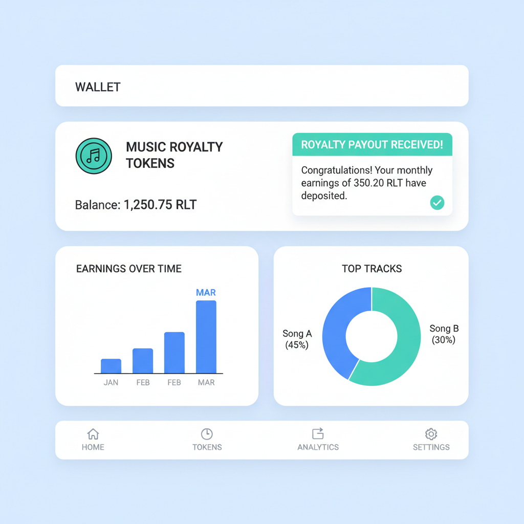 wallet dashboard showing music royalty tokens, royalty payout notification, charts