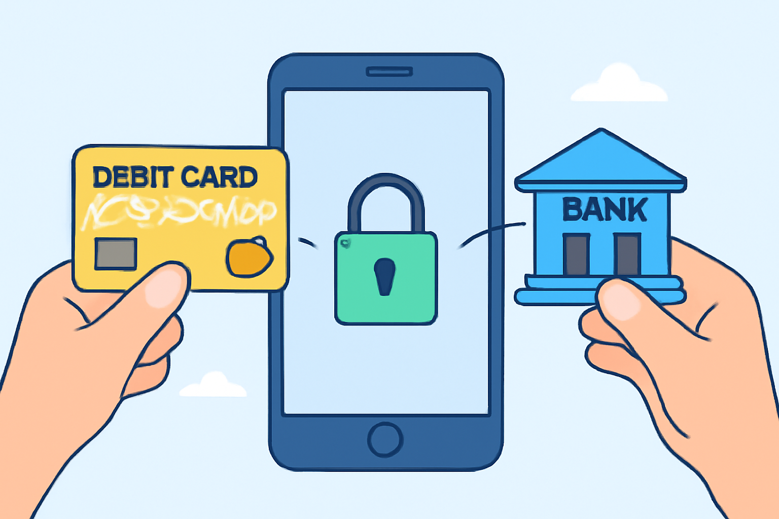 A hand connecting a debit card and a bank icon to a smartphone, digital illustration, secure and friendly style