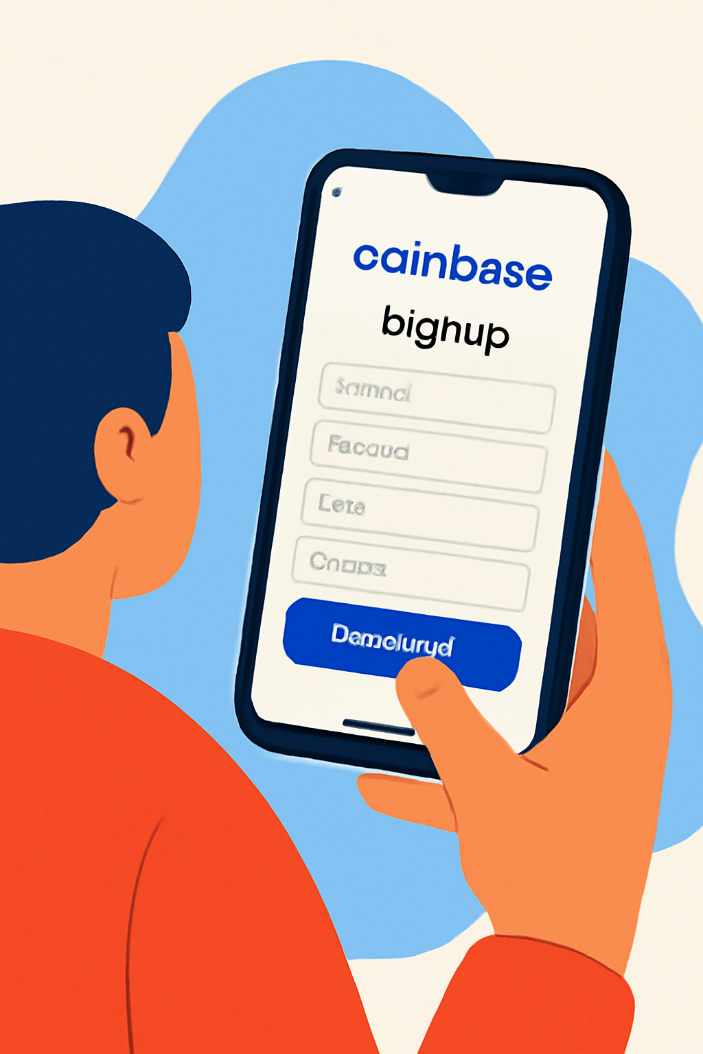 A person downloading the Coinbase app on a smartphone, with a clear sign-up screen visible, modern UI, bright colors, digital illustration