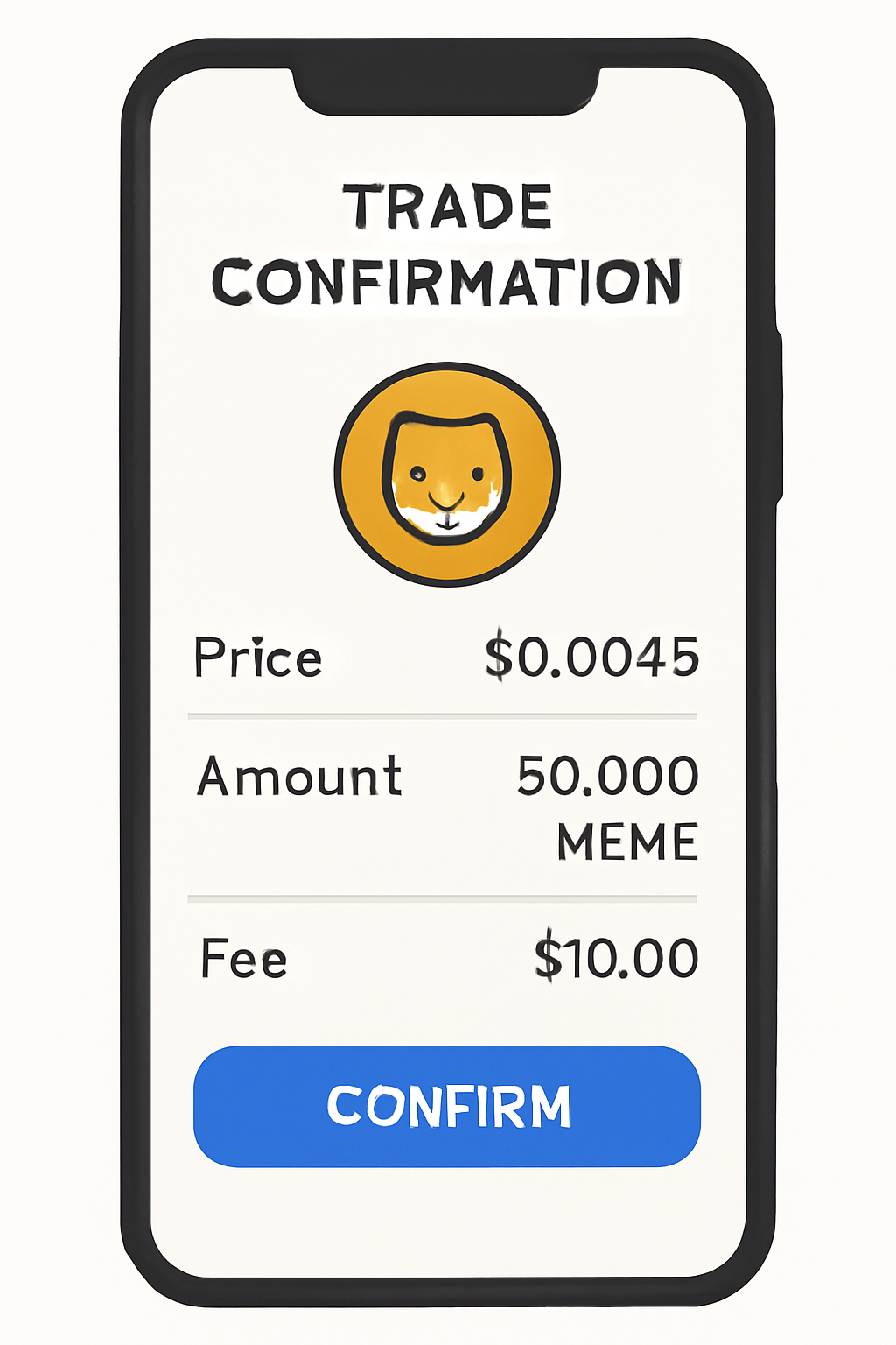 A smartphone screen displaying a trade confirmation page for a memecoin, showing price, amount, and fees, digital UI, clear and informative