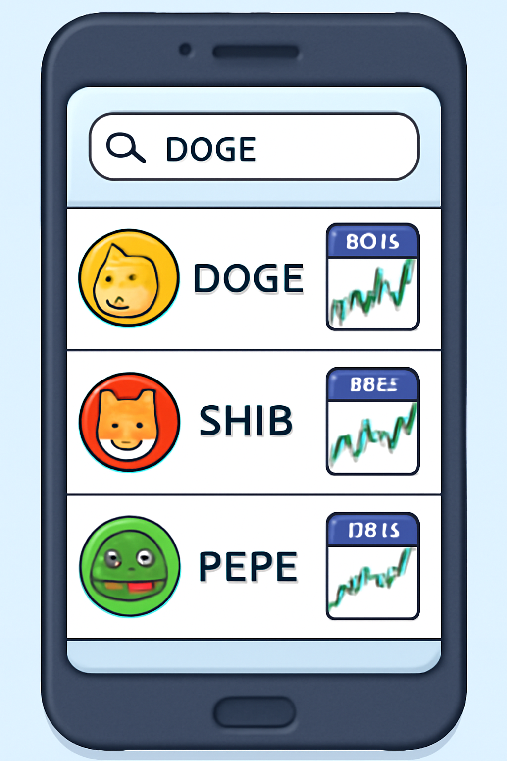 A smartphone screen showing a search bar with 'DOGE', 'SHIB', and 'PEPE' results, each with a 'DEX' tag above their charts, digital UI, clear and colorful