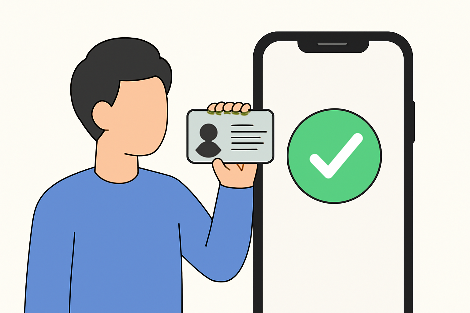 A user holding up a government ID card in front of a smartphone, verification checkmark, digital illustration, clean and modern style
