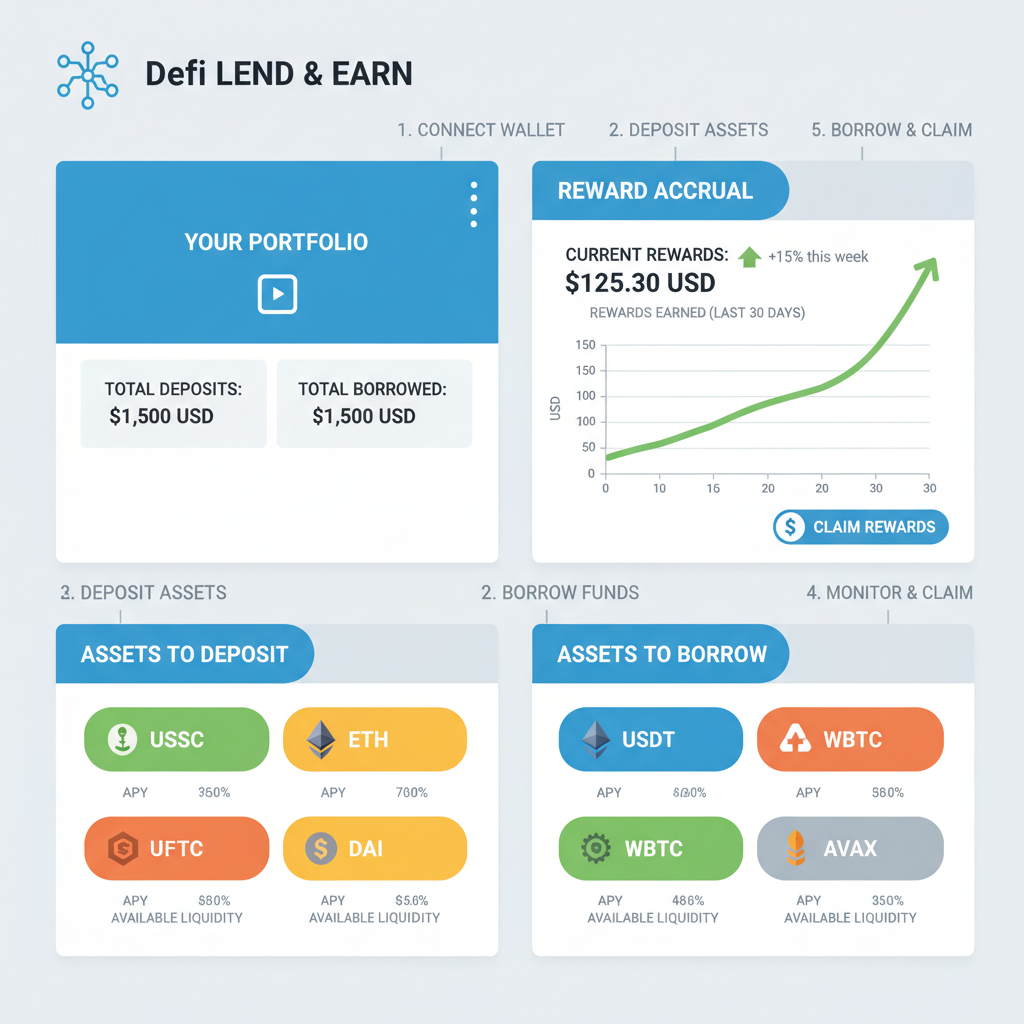 DeFi lending dashboard with reward accrual graph rising