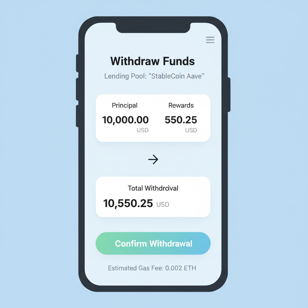 DeFi app screen withdrawing principal and rewards from lending pool