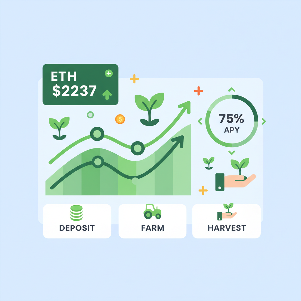 dashboard monitoring AI agent yield farming, charts showing ETH $2237, green growth icons