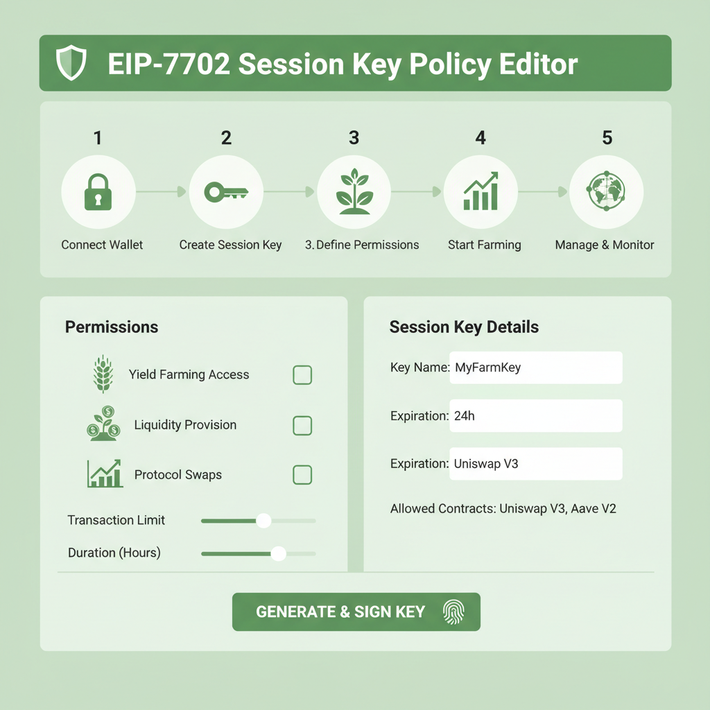 policy editor UI for EIP-7702 session keys, yield farming icons like crops and charts, green secure theme