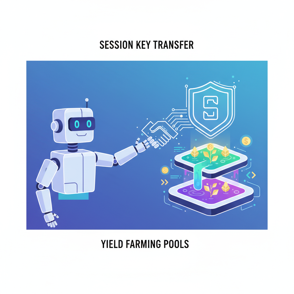 AI robot receiving session key from smart wallet, yield farming pools in background, futuristic secure handshake