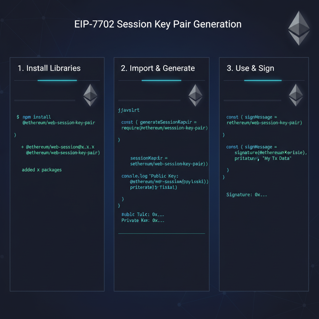 code snippet generating EIP-7702 session key pair in terminal, ethereum icons, dark mode developer screen