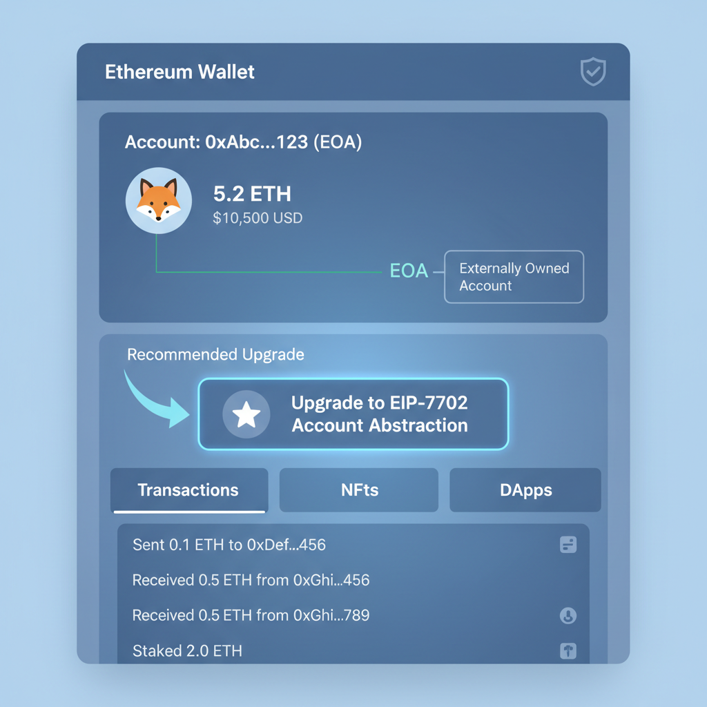 clean ethereum wallet UI connected to EOA, EIP-7702 upgrade option highlighted, professional blue interface
