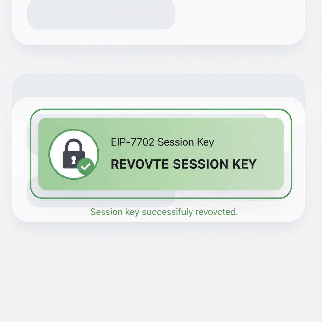 revoke button on wallet UI for EIP-7702 session key, lock icon closing, reassuring green checkmark
