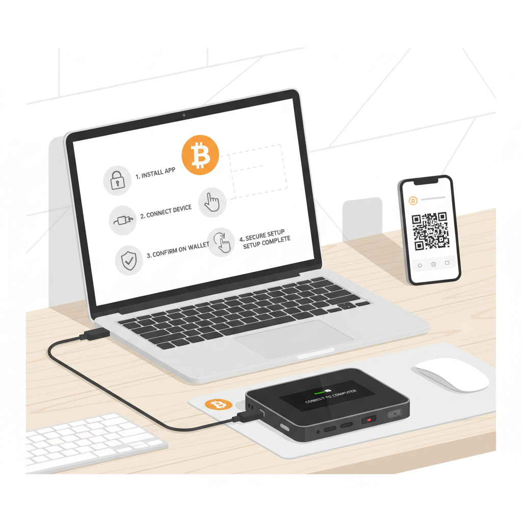 Ledger or Trezor hardware wallet on desk with Bitcoin logo, secure setup process, realistic photo