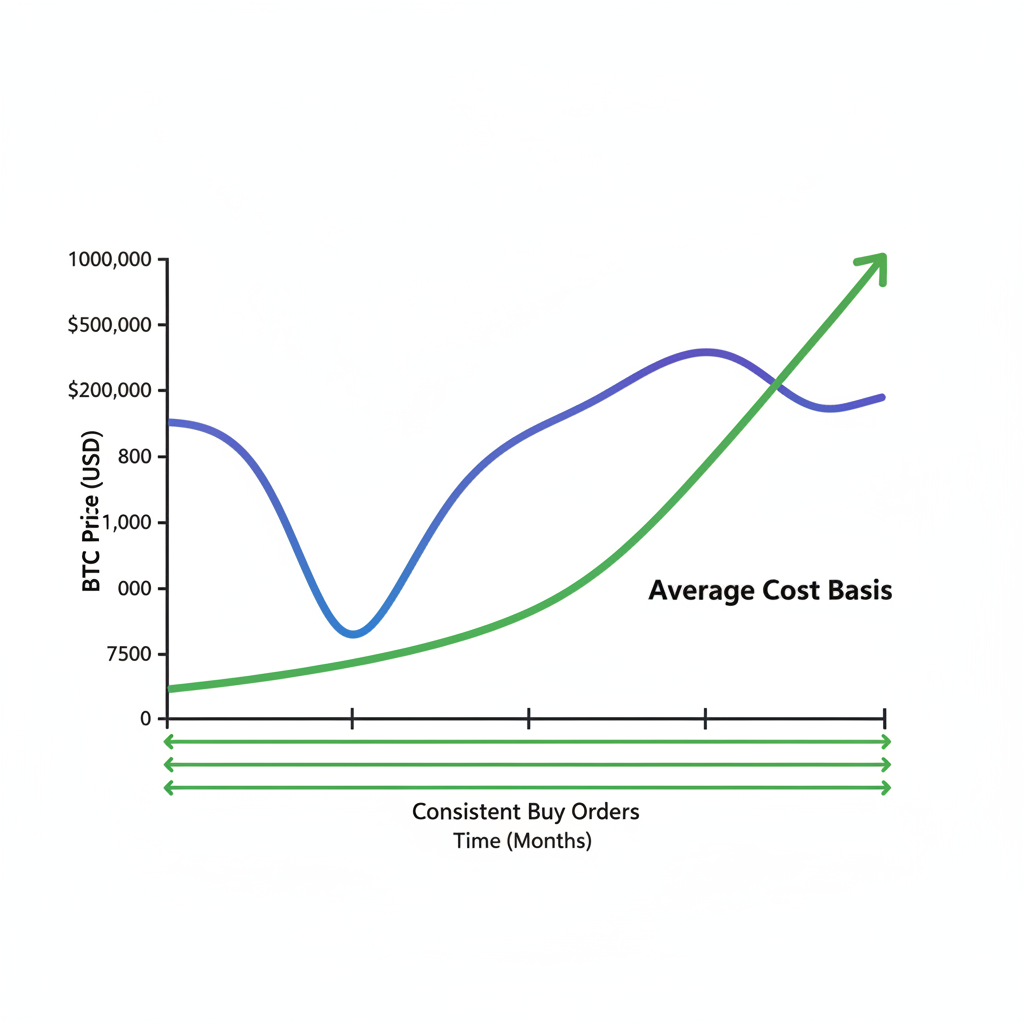 dollar cost averaging chart showing BTC price dip to $75K with steady buy lines, green upward trend