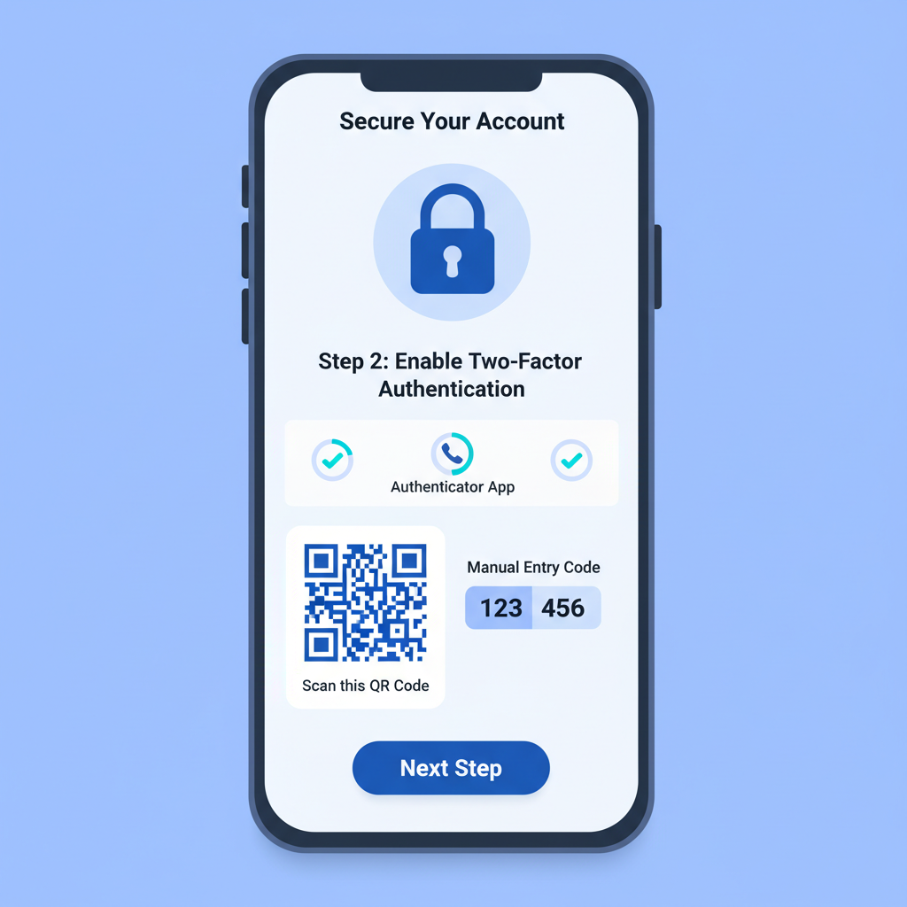 secure smartphone screen showing 2FA setup with lock icon, clean modern UI, blue tones