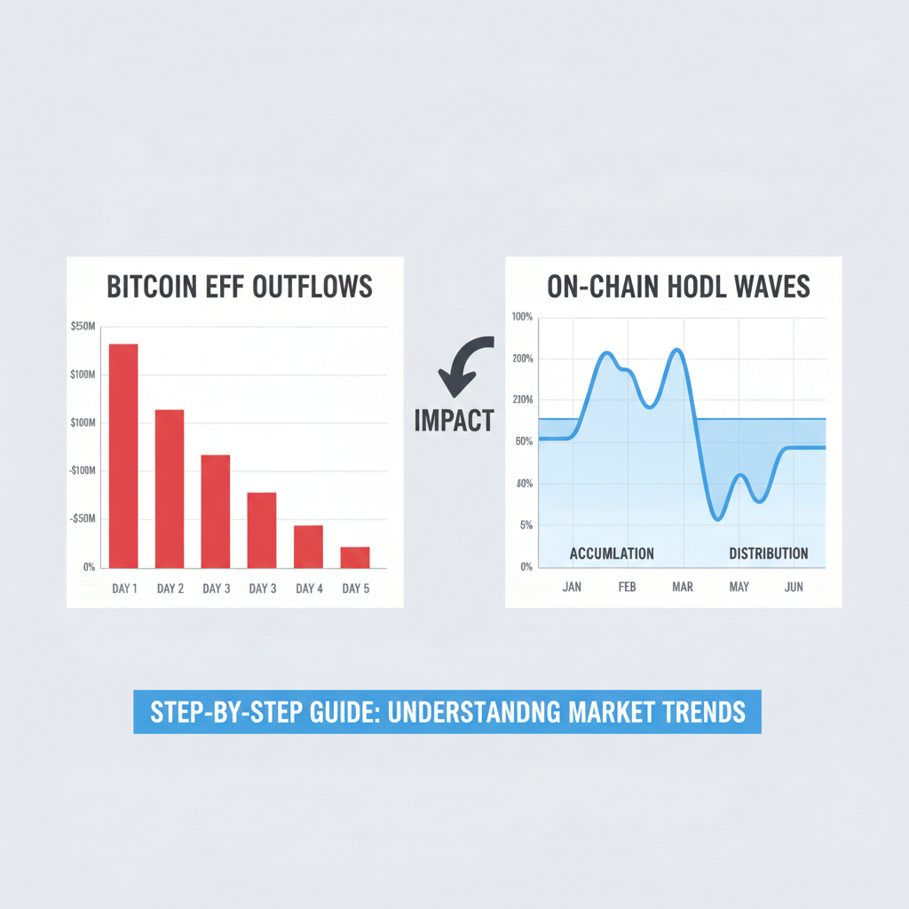 dual charts: Bitcoin ETF outflow bars red and on-chain HODL waves blue line, modern dashboard