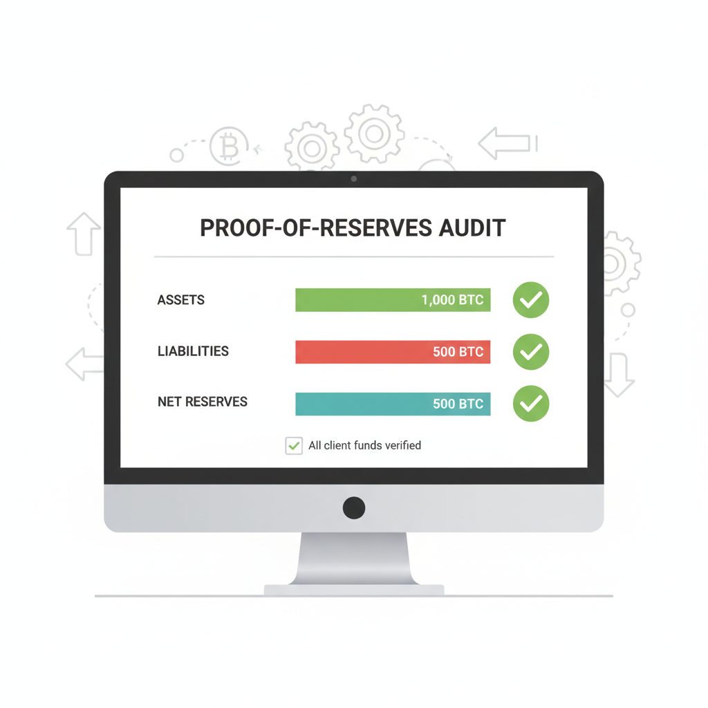 computer screen displaying proof-of-reserves audit chart with green checkmarks, data visualization