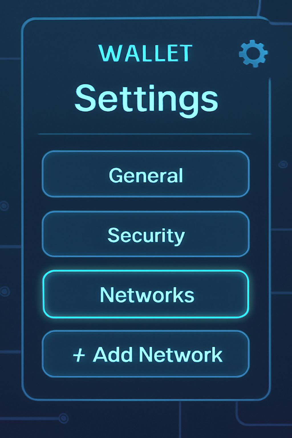 A close-up of a wallet app's settings screen, highlighting the 'Networks' or 'Add Network' option, with a futuristic interface.