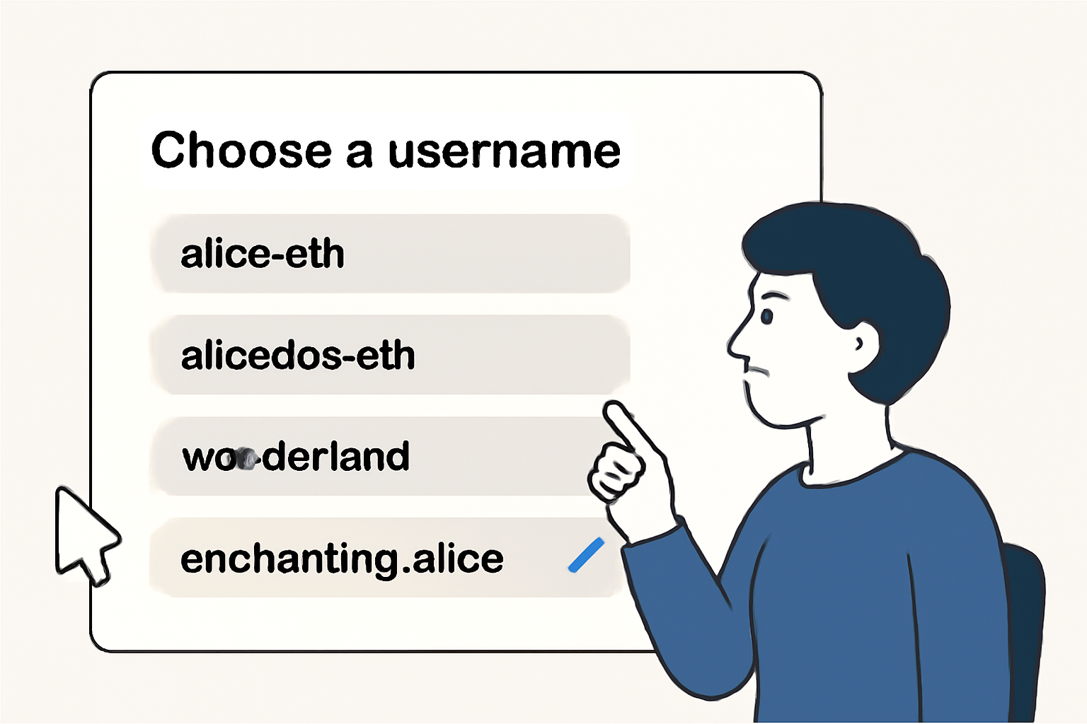 A user choosing a username on a digital interface, with options for ENS domains and creative name ideas.