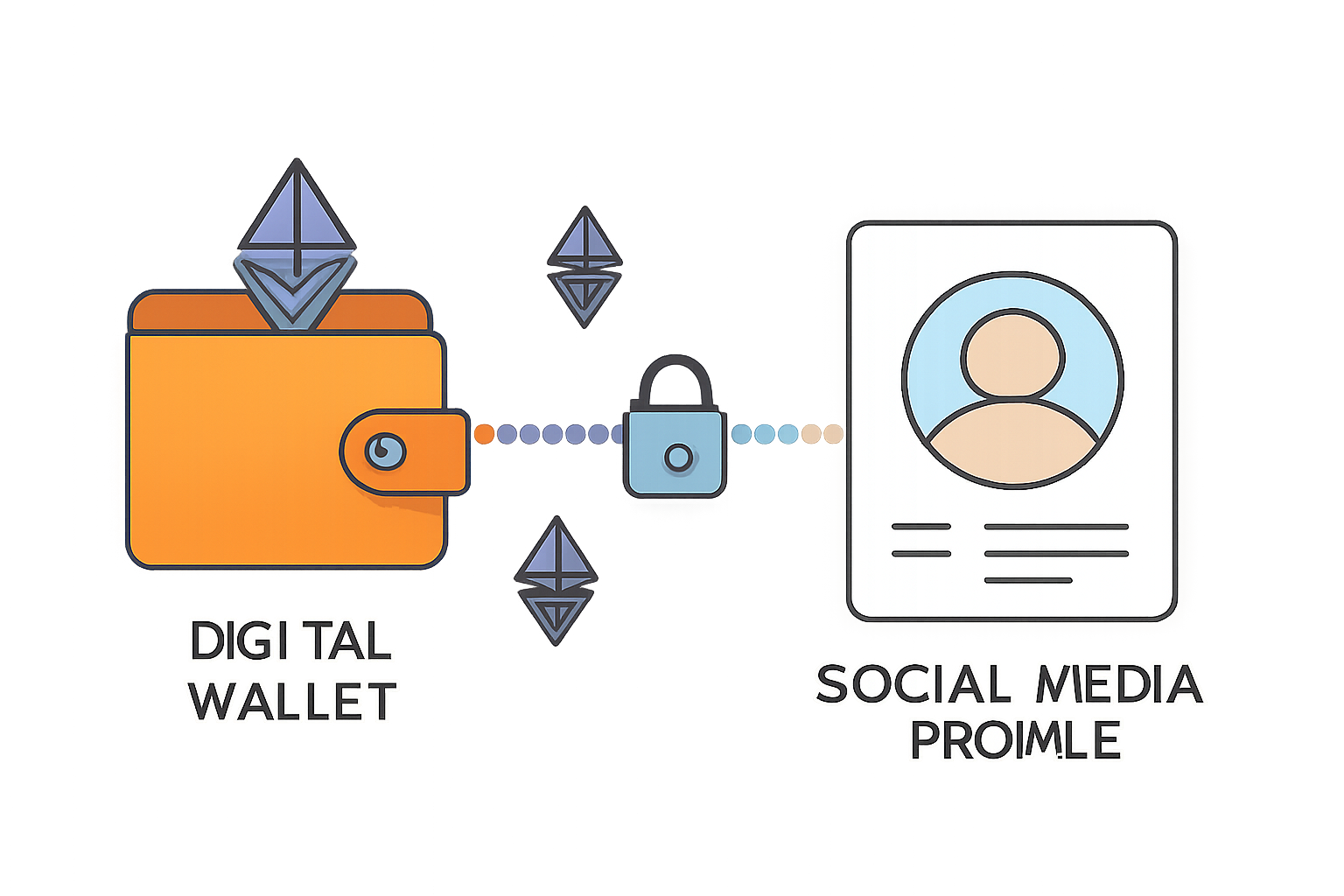 A digital wallet graphic connecting to a social media profile, with Ethereum logos and secure connection visuals.