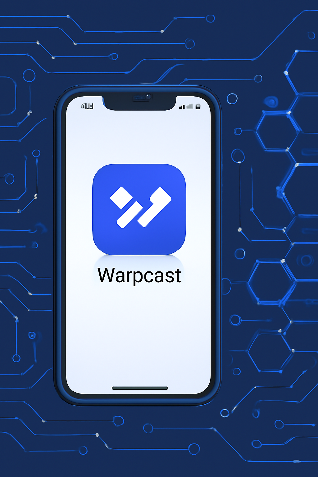 A modern smartphone displaying the Warpcast app icon, with a futuristic, blockchain-inspired background.