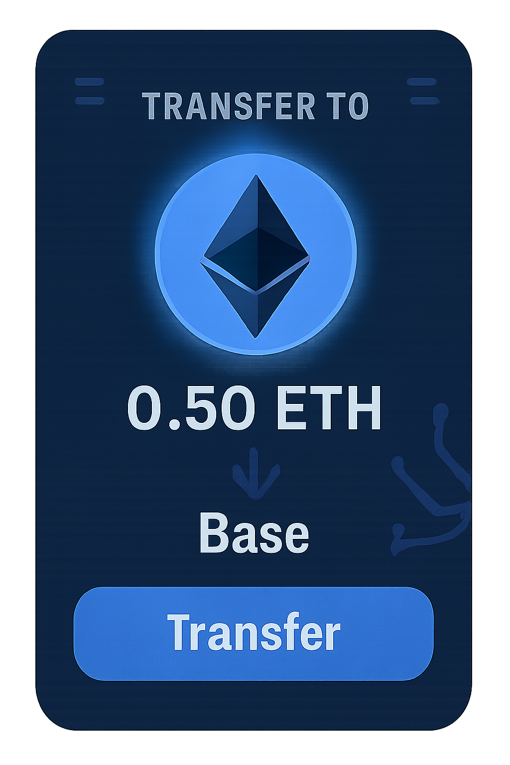 A digital wallet interface showing an ETH transfer to the Base network, with a stylized ETH logo and futuristic design elements.