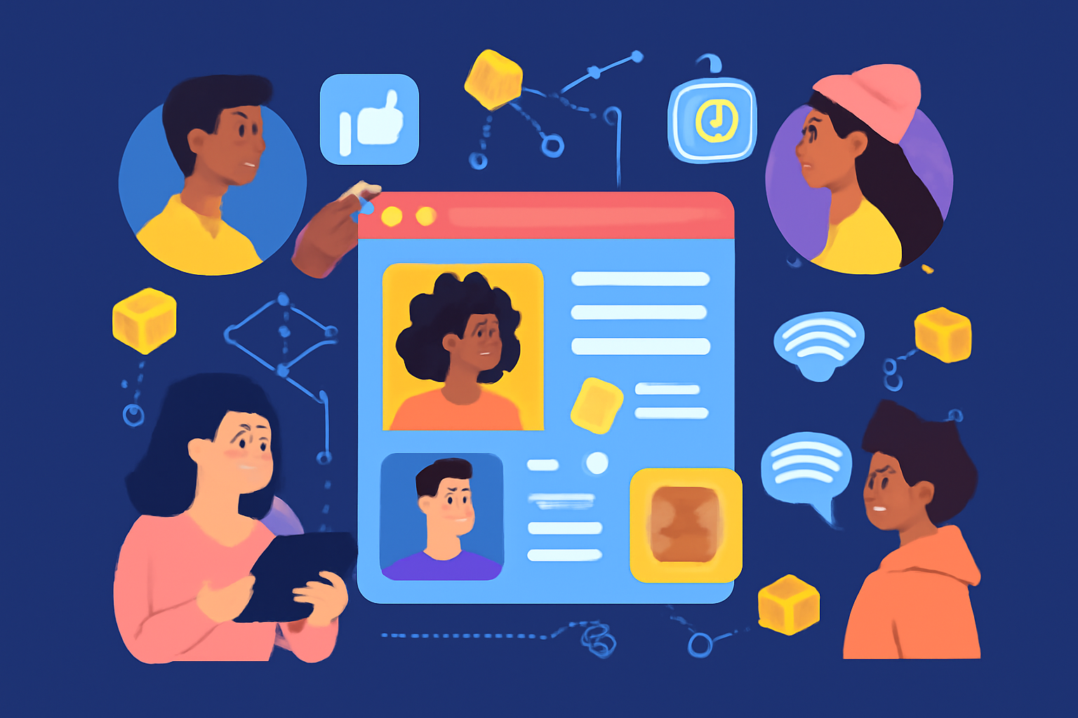 A vibrant, futuristic social network interface with diverse users, blockchain motifs, and interactive elements.