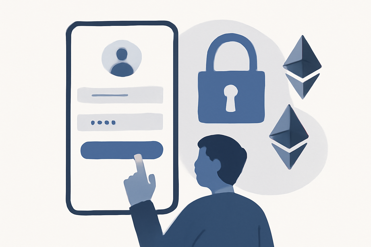 A user entering details on a smartphone, with a digital lock and Ethereum symbols, emphasizing security and blockchain.