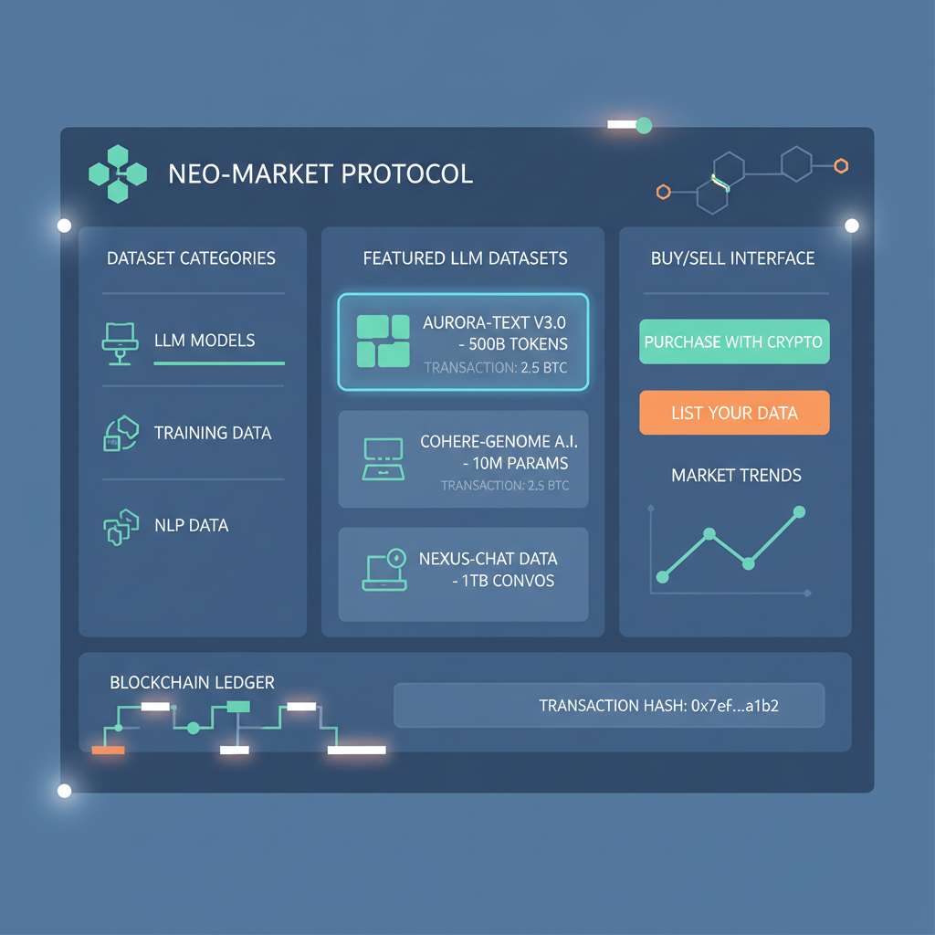 futuristic blockchain marketplace dashboard displaying LLM datasets