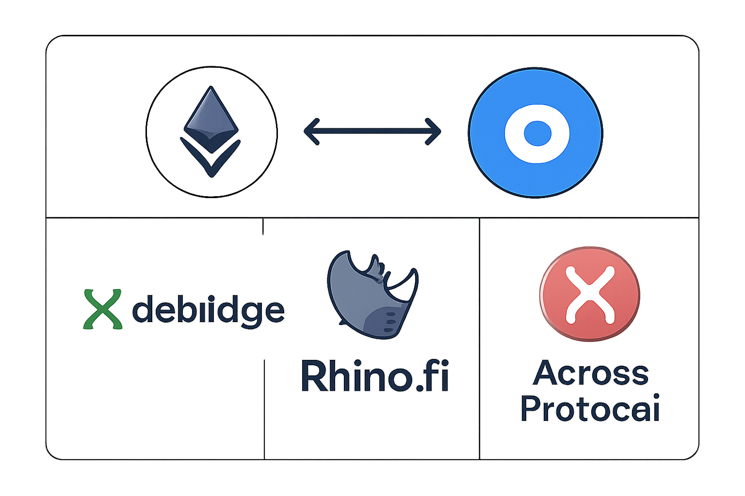 A selection of popular crypto bridge platform logos (deBridge, Rhino.fi, Across Protocol) on a digital dashboard, with Ethereum and Base chain icons connected by arrows.